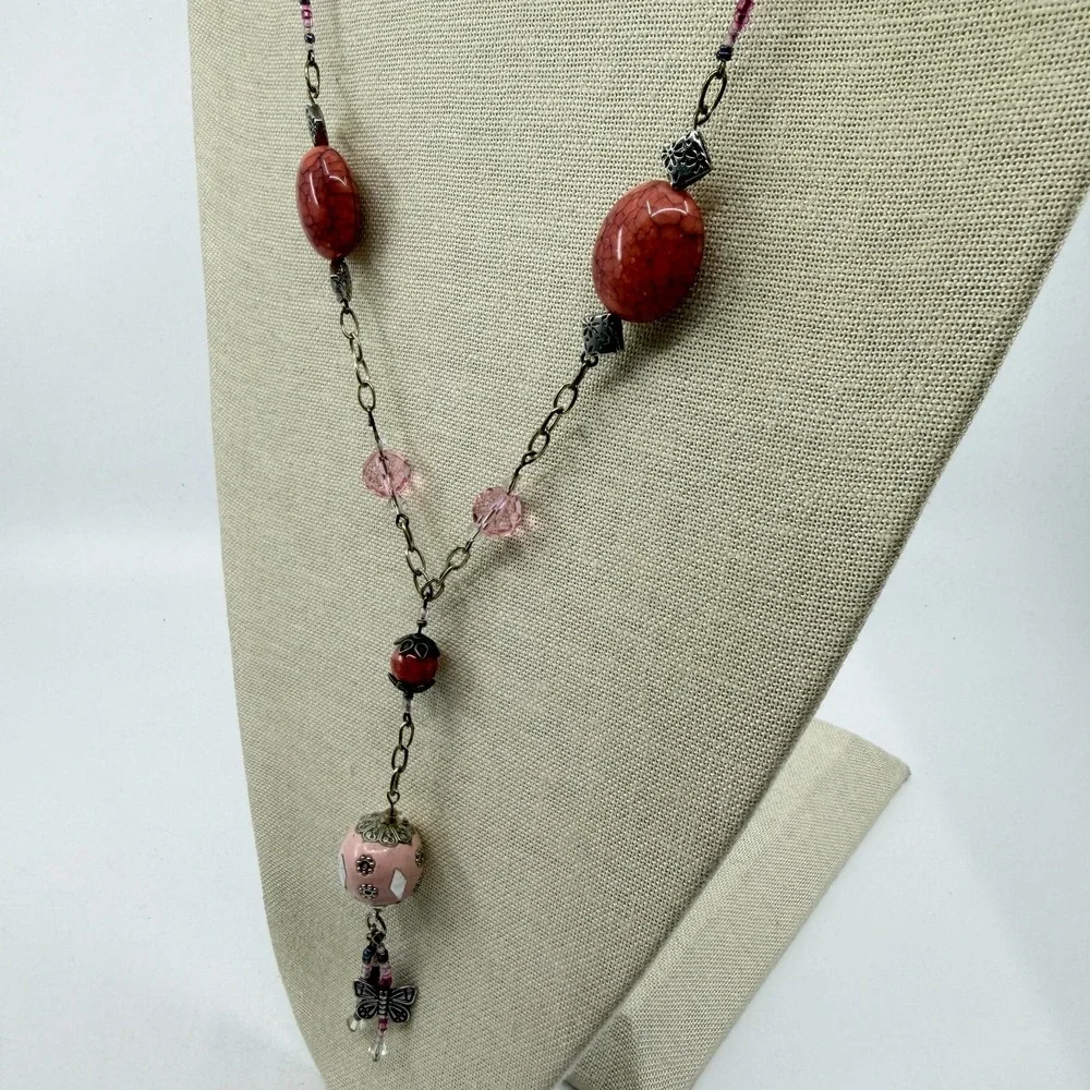 Pink Orange Beaded Butterfly Tassel Long Pendant Necklace Boho Cottagecore Y2K